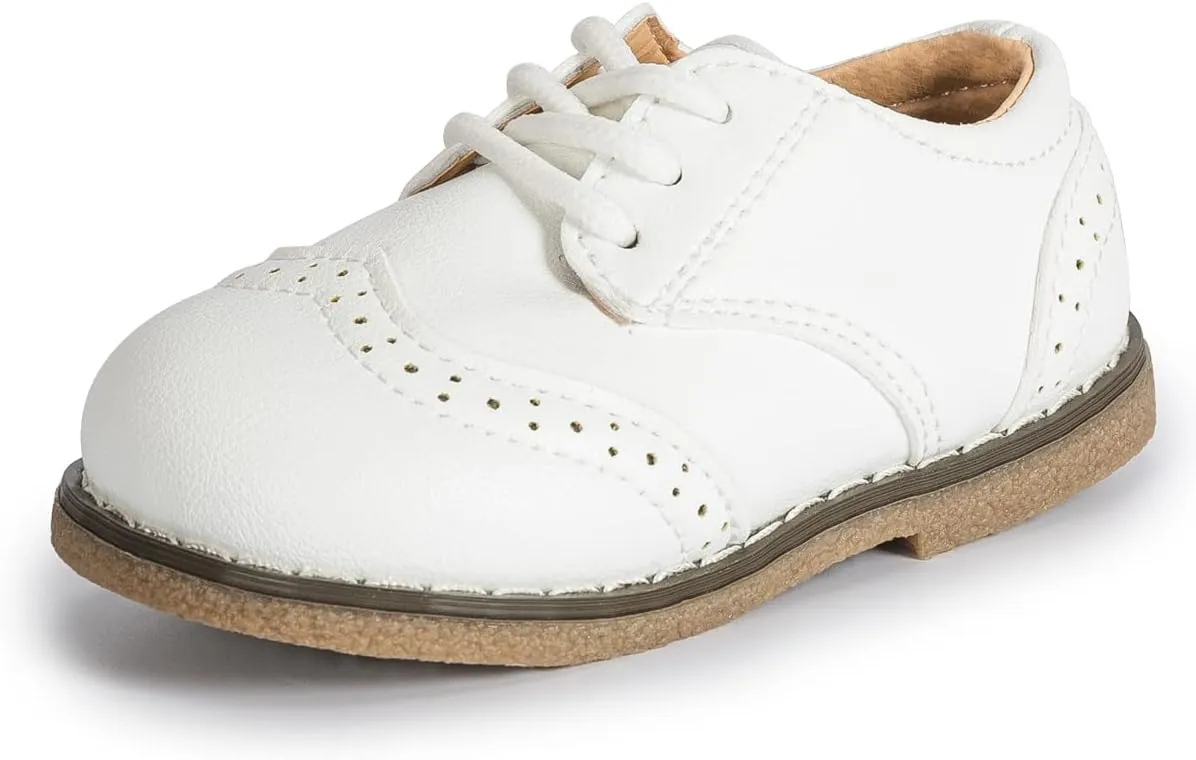 Kannior Boys Girls Oxford PU Leather Shoes Little Kid Wedding Dress Shoes Toddler Lace Up Non-Slip Texture Sole Loafer Flats Classic School Uniform Walking Shoes