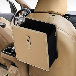 KMMOTORS Jopps Premium Car Trash Can – Foldable Bin with Strap, PU Leather & Oxford, Waterproof, Space-Saving, Simple Modern Design, Mounts on Headrest, Console, Gear Shift (Large, Beige)