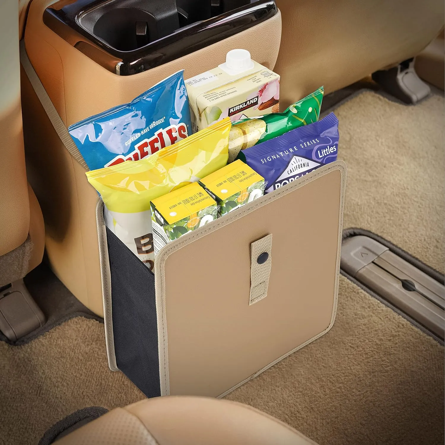 KMMOTORS Jopps Premium Car Trash Can – Foldable Bin with Strap, PU Leather & Oxford, Waterproof, Space-Saving, Simple Modern Design, Mounts on Headrest, Console, Gear Shift (Large, Beige)