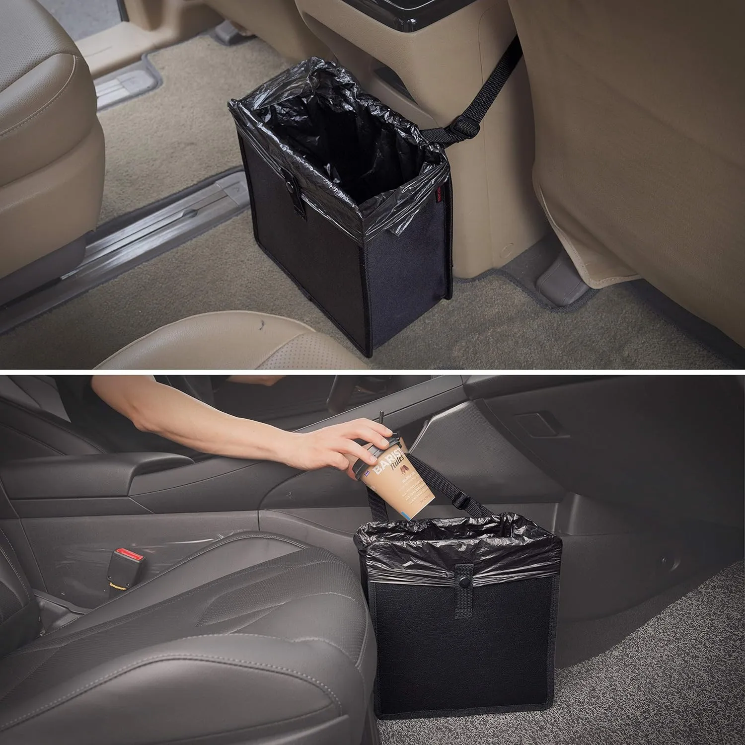 KMMOTORS Jopps Premium Car Trash Can – Foldable Bin with Strap, PU Leather & Oxford, Waterproof, Space-Saving, Simple Modern Design, Mounts on Headrest, Console, Gear Shift (Large, Beige)