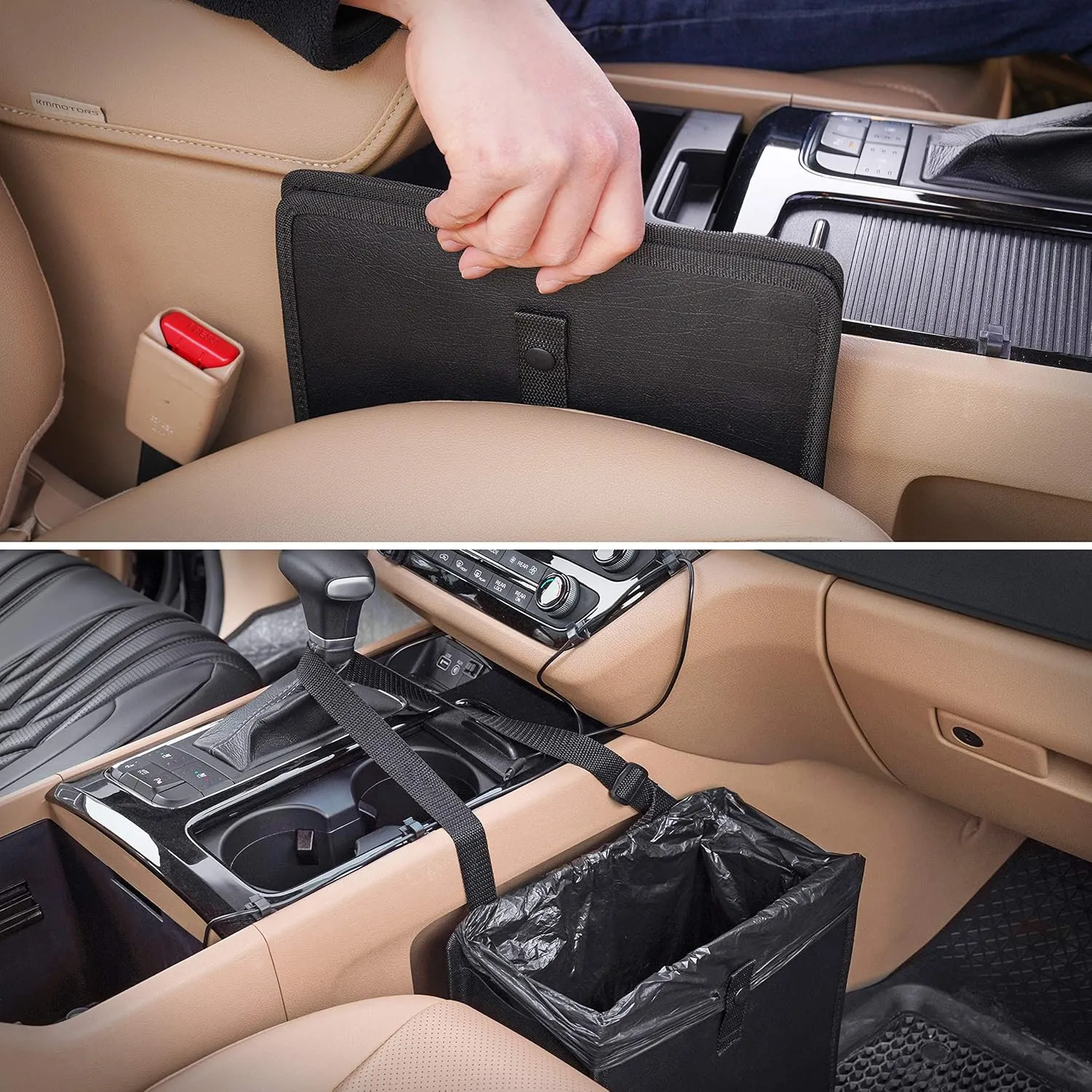 KMMOTORS Jopps Premium Car Trash Can – Foldable Bin with Strap, PU Leather & Oxford, Waterproof, Space-Saving, Simple Modern Design, Mounts on Headrest, Console, Gear Shift (Large, Beige)
