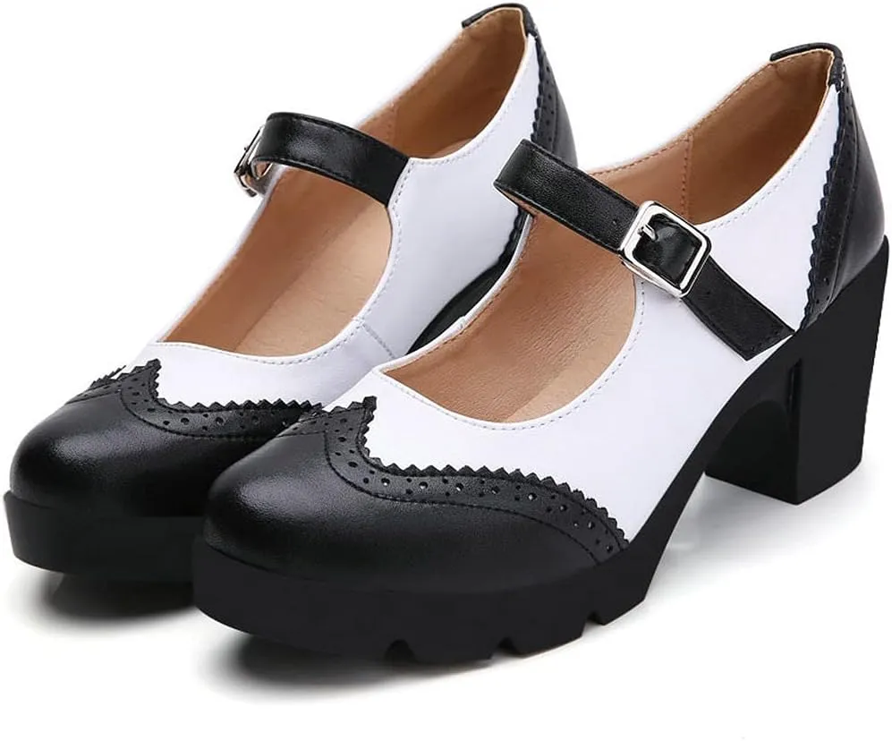 KOKOMOMO Womens Vintage Chunky Mary Janes Platform Shoes Wingtip Oxford Pumps