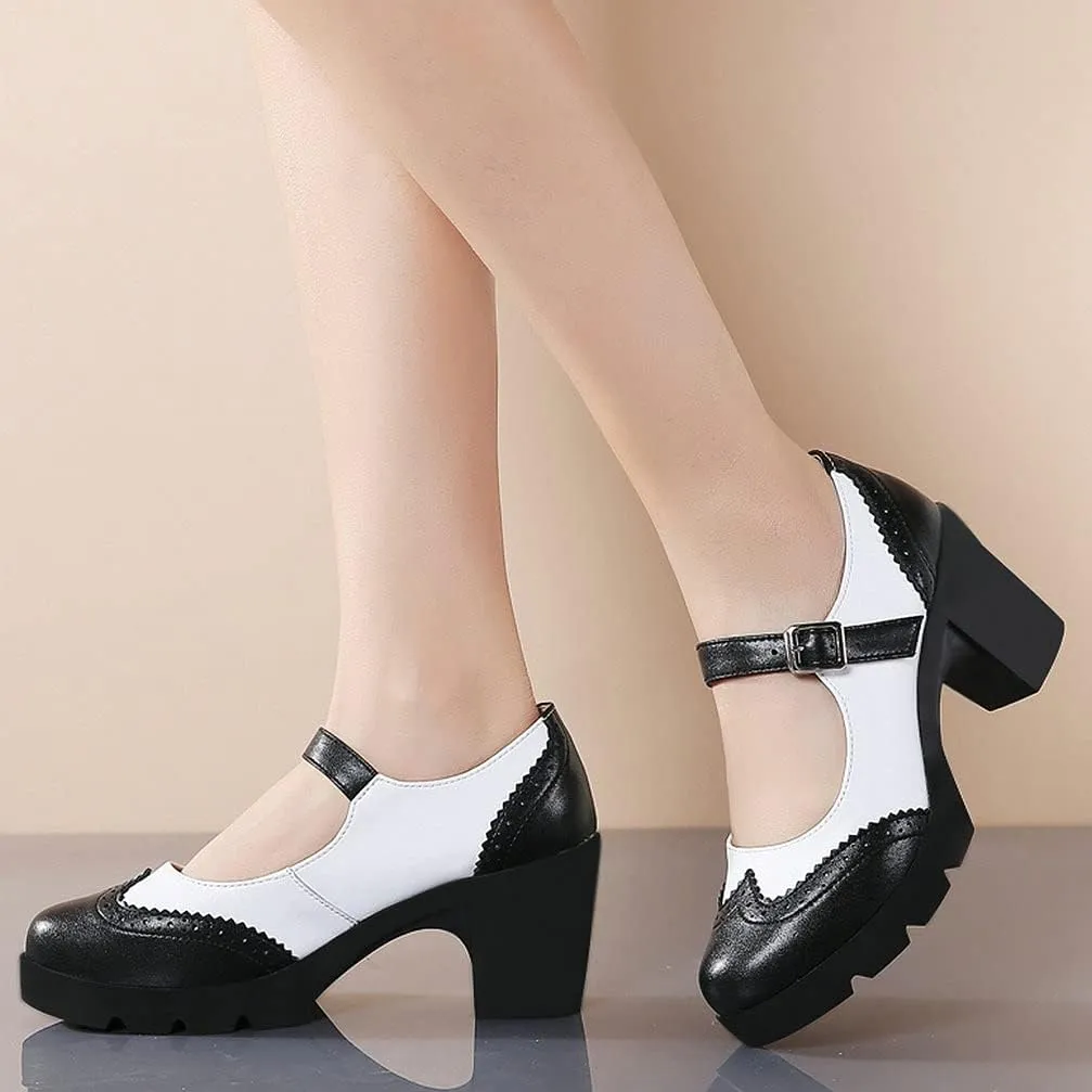 KOKOMOMO Womens Vintage Chunky Mary Janes Platform Shoes Wingtip Oxford Pumps
