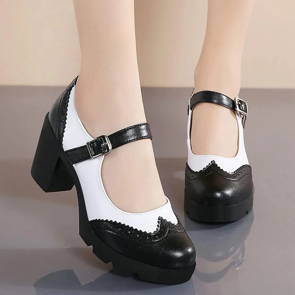 KOKOMOMO Womens Vintage Chunky Mary Janes Platform Shoes Wingtip Oxford Pumps