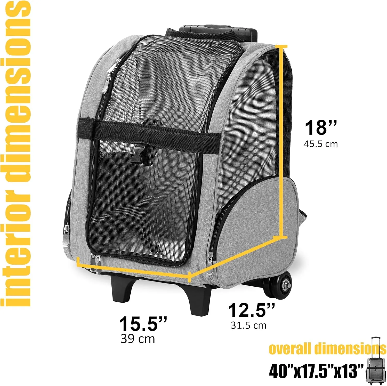 KOPEKS Deluxe Backpack Pet Travel Carrier with Double Wheels for Pets up to 18 Pounds - Grey