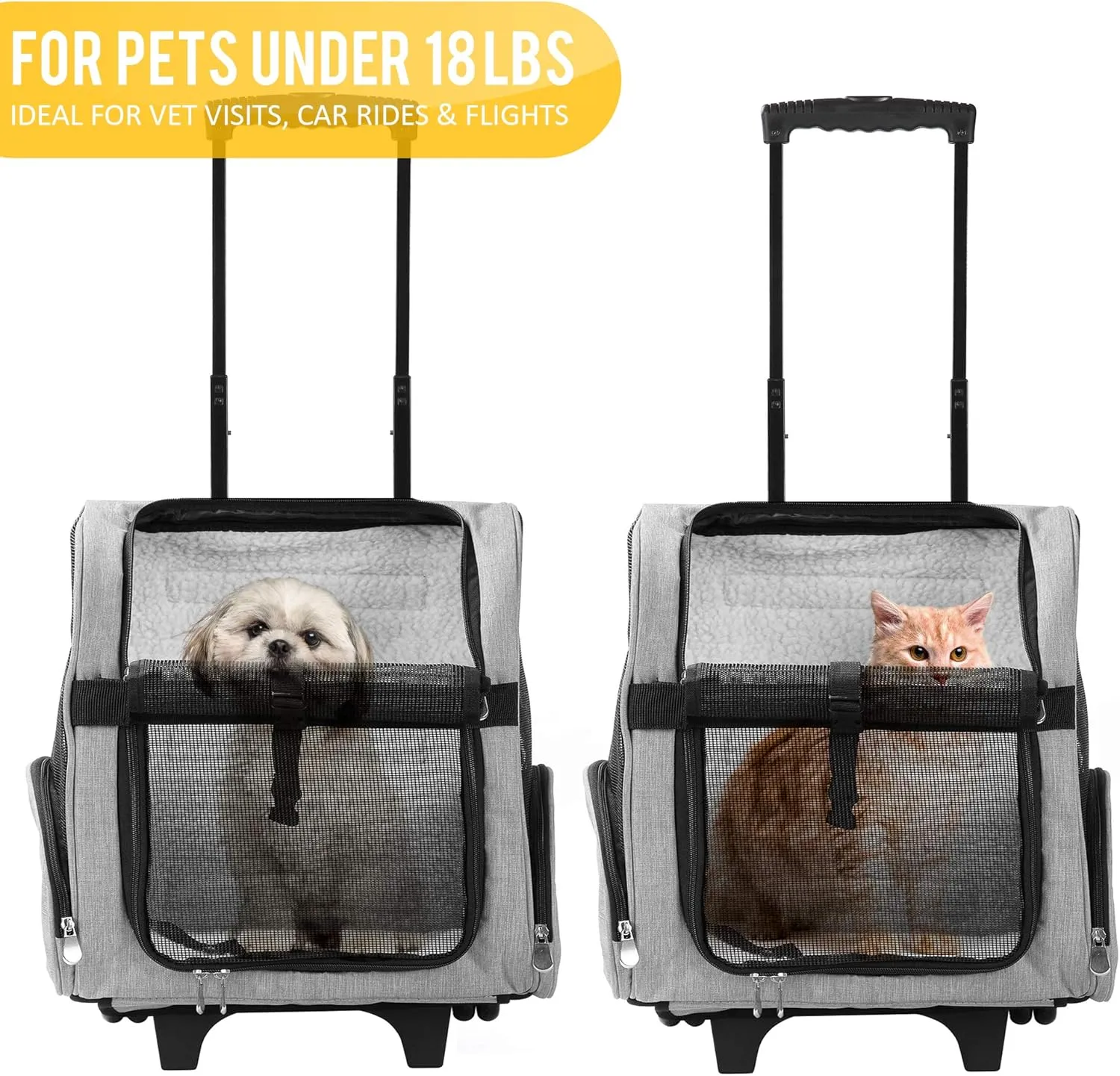 KOPEKS Deluxe Backpack Pet Travel Carrier with Double Wheels for Pets up to 18 Pounds - Grey