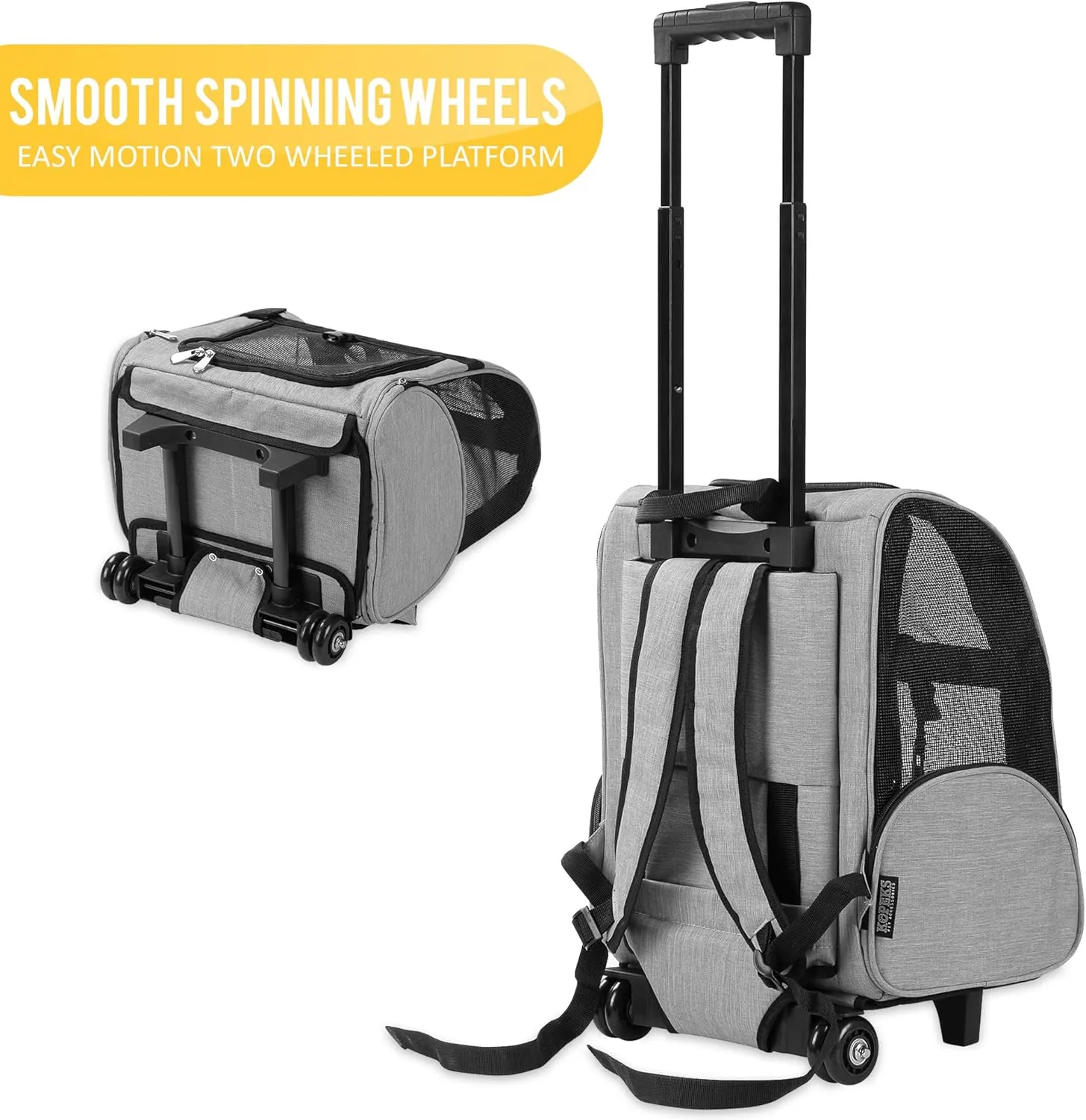 KOPEKS Deluxe Backpack Pet Travel Carrier with Double Wheels for Pets up to 18 Pounds - Grey