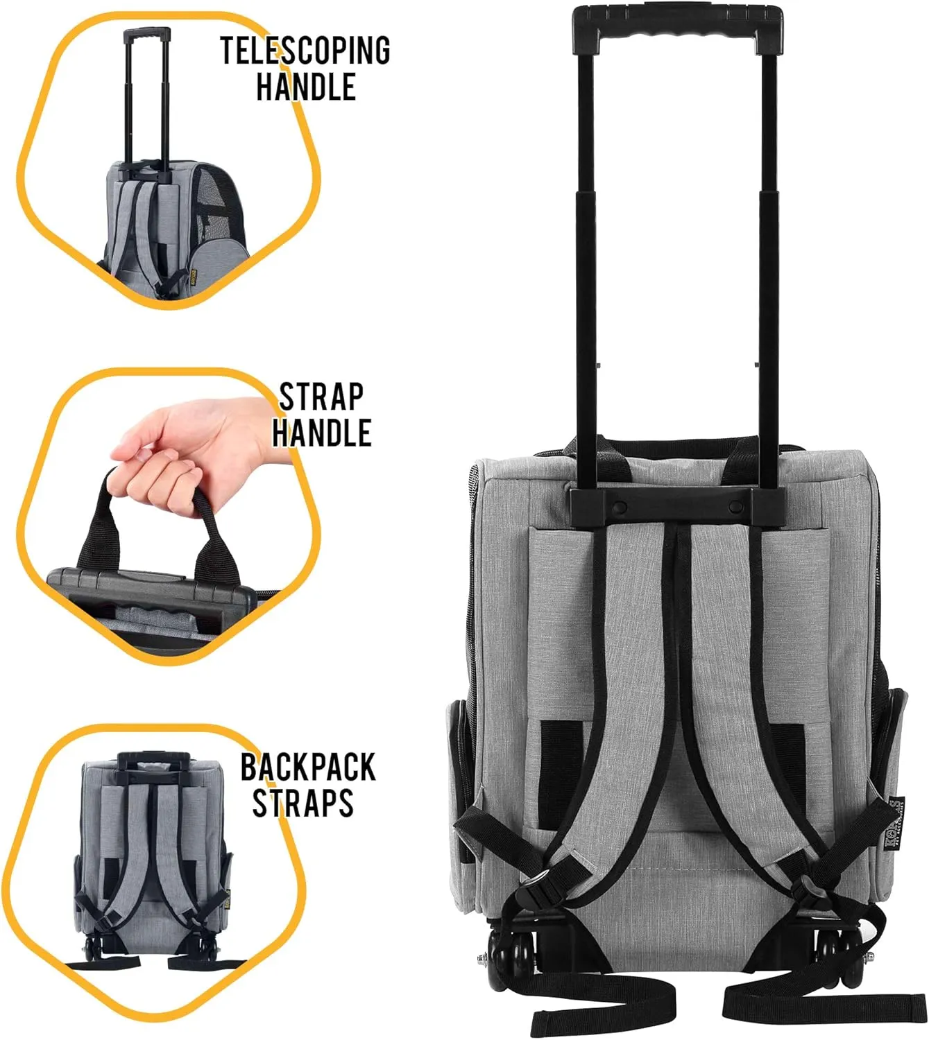 KOPEKS Deluxe Backpack Pet Travel Carrier with Double Wheels for Pets up to 18 Pounds - Grey