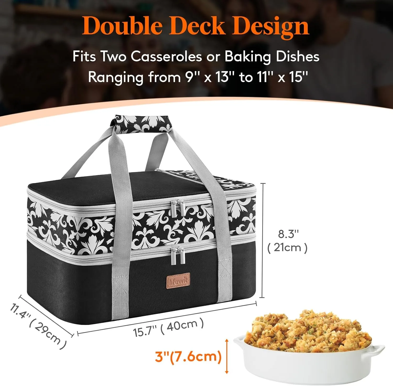 Lifewit Double Decker Casserole Carrier for Hot or Cold Food, Insulated Casserole Baking Dish Bag Food Carrier, Lasagna Holder for Potluck/Parties/Picnic/Cookouts, Fits 9"x13" Baking Dish, Black