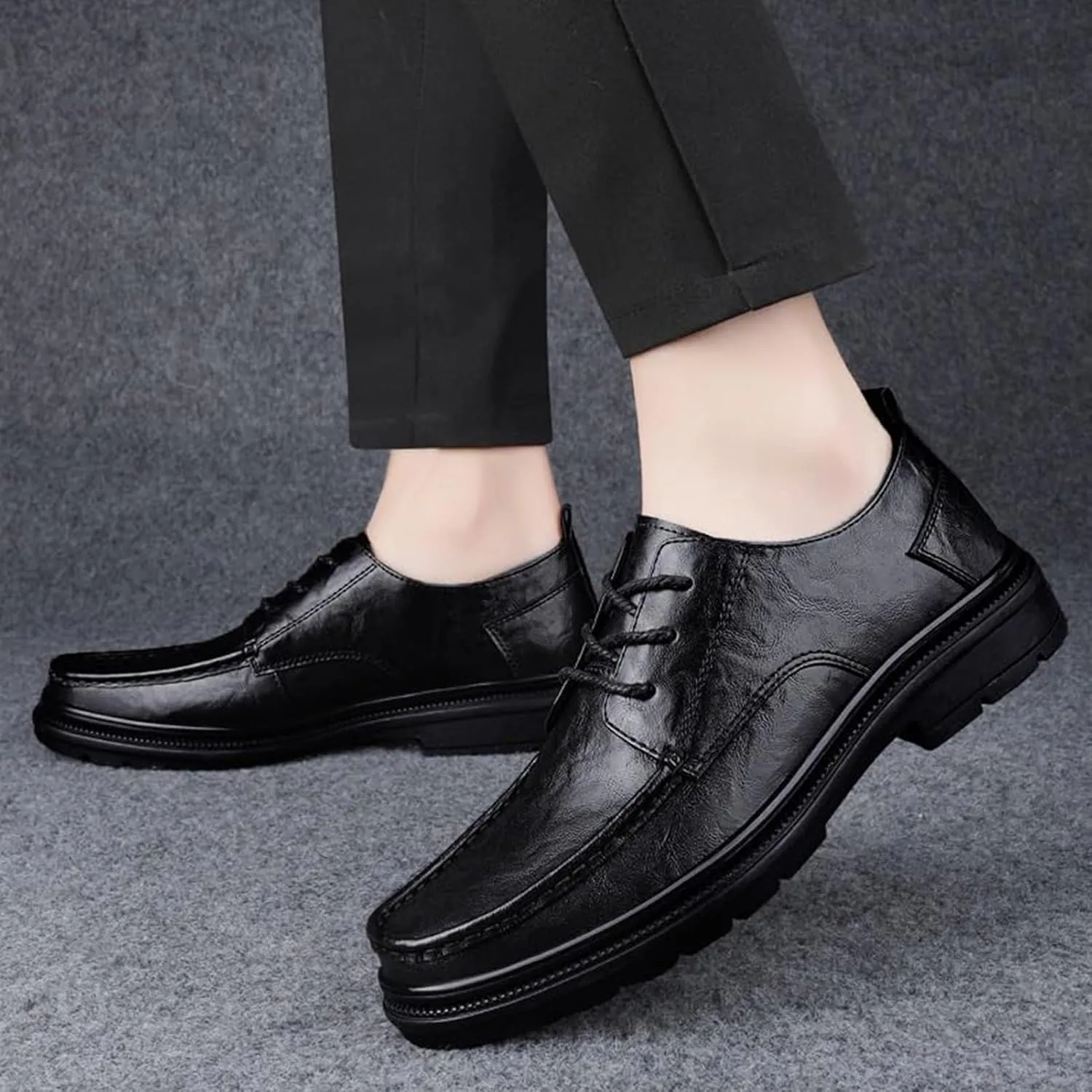 Men Leather Oxford Dress Shoes Round Toe Block Heel Rubber Sole Non Slip Party Comfortable Luxury Genuine Leather Business Shoes