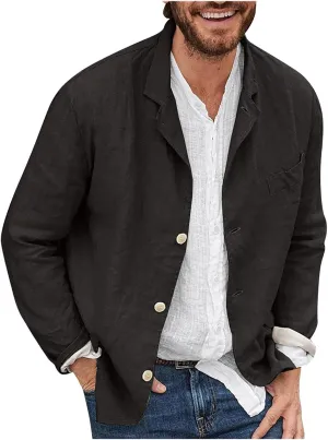 Men's Casual Suit Blazer Jackets Lightweight Linen Notched Collar Tailored Cardigan Tops Single-Breasted Sports Coats
