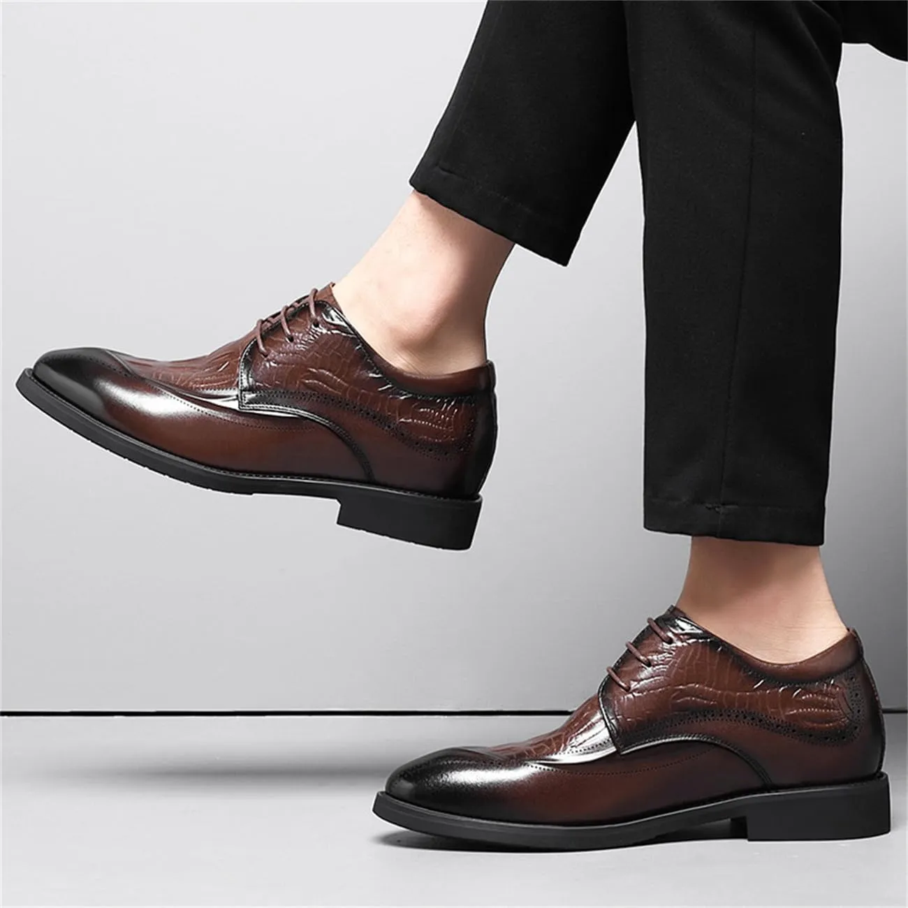 Mens Fashion Invisible Height Increasing Lace-Ups Leather Brogues Business Wedding Dress Shoes, 3.14'' Taller