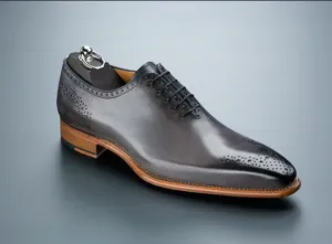 Men's Gray Leather Oxford Brogue Dress Shoes