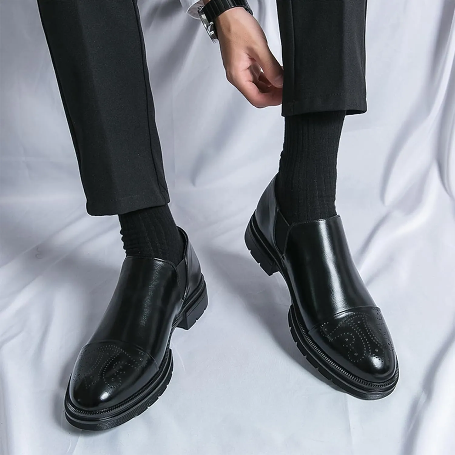 Men's Leather Platform Slip-On Brogue Loafers Fashion Carving Punched Low Top Anti-Slip Dress Oxfords with Side Elastic Panels for Formal Business Wedding Casual Daily Wear