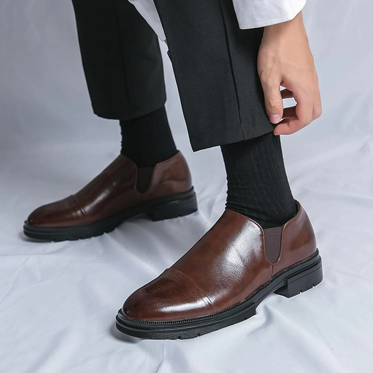Men's Leather Platform Slip-On Brogue Loafers Fashion Carving Punched Low Top Anti-Slip Dress Oxfords with Side Elastic Panels for Formal Business Wedding Casual Daily Wear