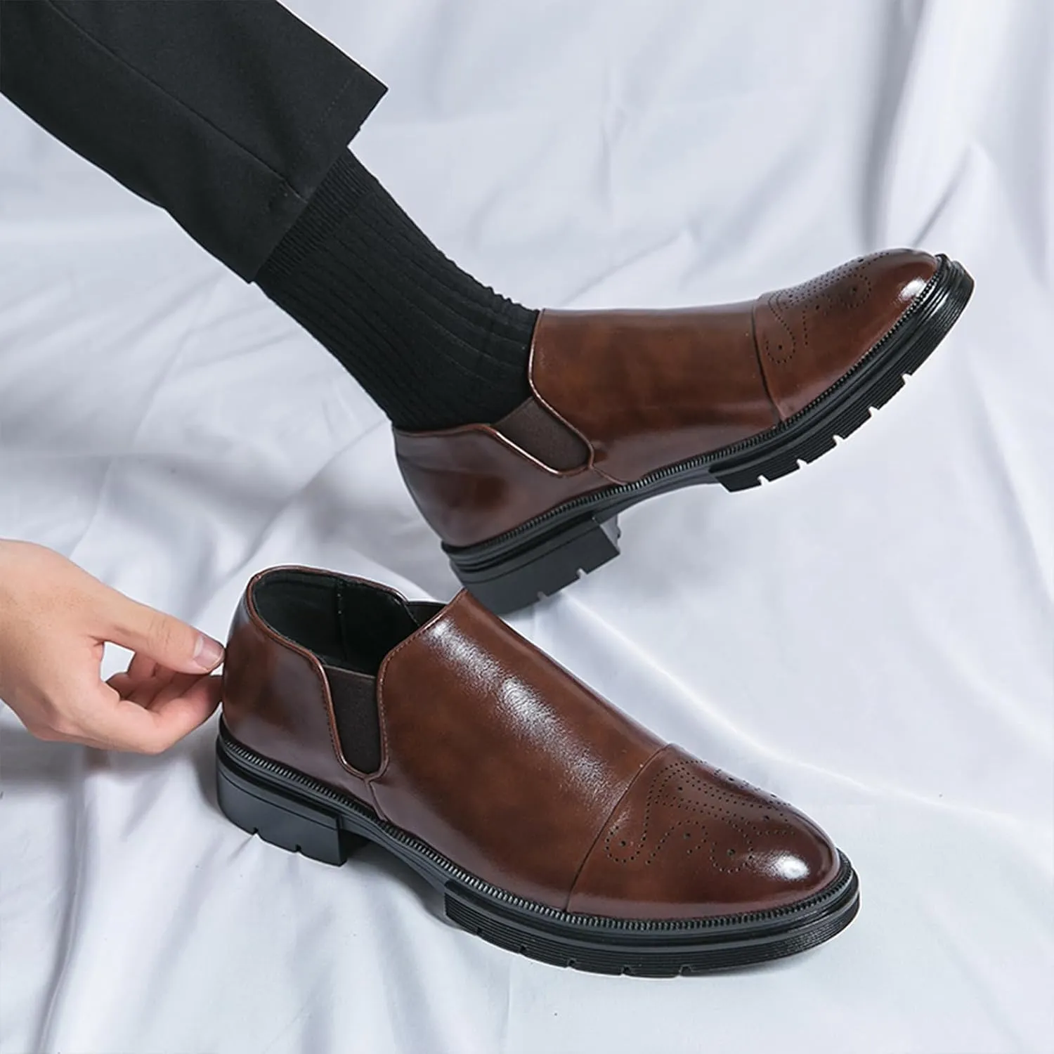 Men's Leather Platform Slip-On Brogue Loafers Fashion Carving Punched Low Top Anti-Slip Dress Oxfords with Side Elastic Panels for Formal Business Wedding Casual Daily Wear