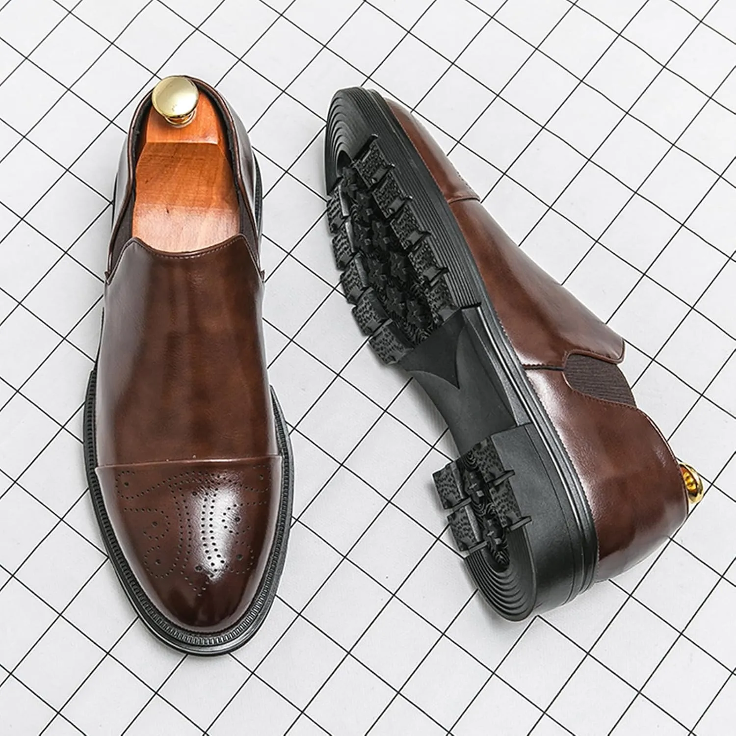 Men's Leather Platform Slip-On Brogue Loafers Fashion Carving Punched Low Top Anti-Slip Dress Oxfords with Side Elastic Panels for Formal Business Wedding Casual Daily Wear