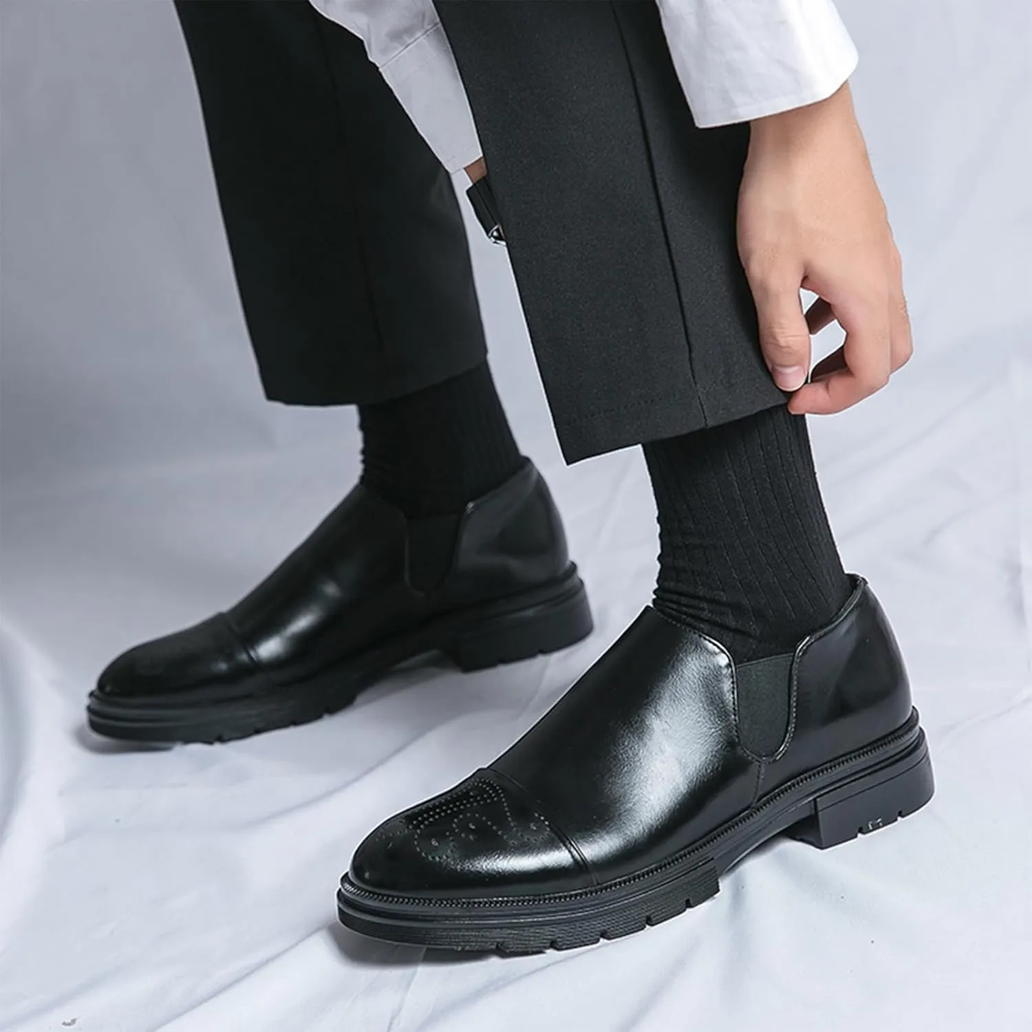 Men's Leather Platform Slip-On Brogue Loafers Fashion Carving Punched Low Top Anti-Slip Dress Oxfords with Side Elastic Panels for Formal Business Wedding Casual Daily Wear