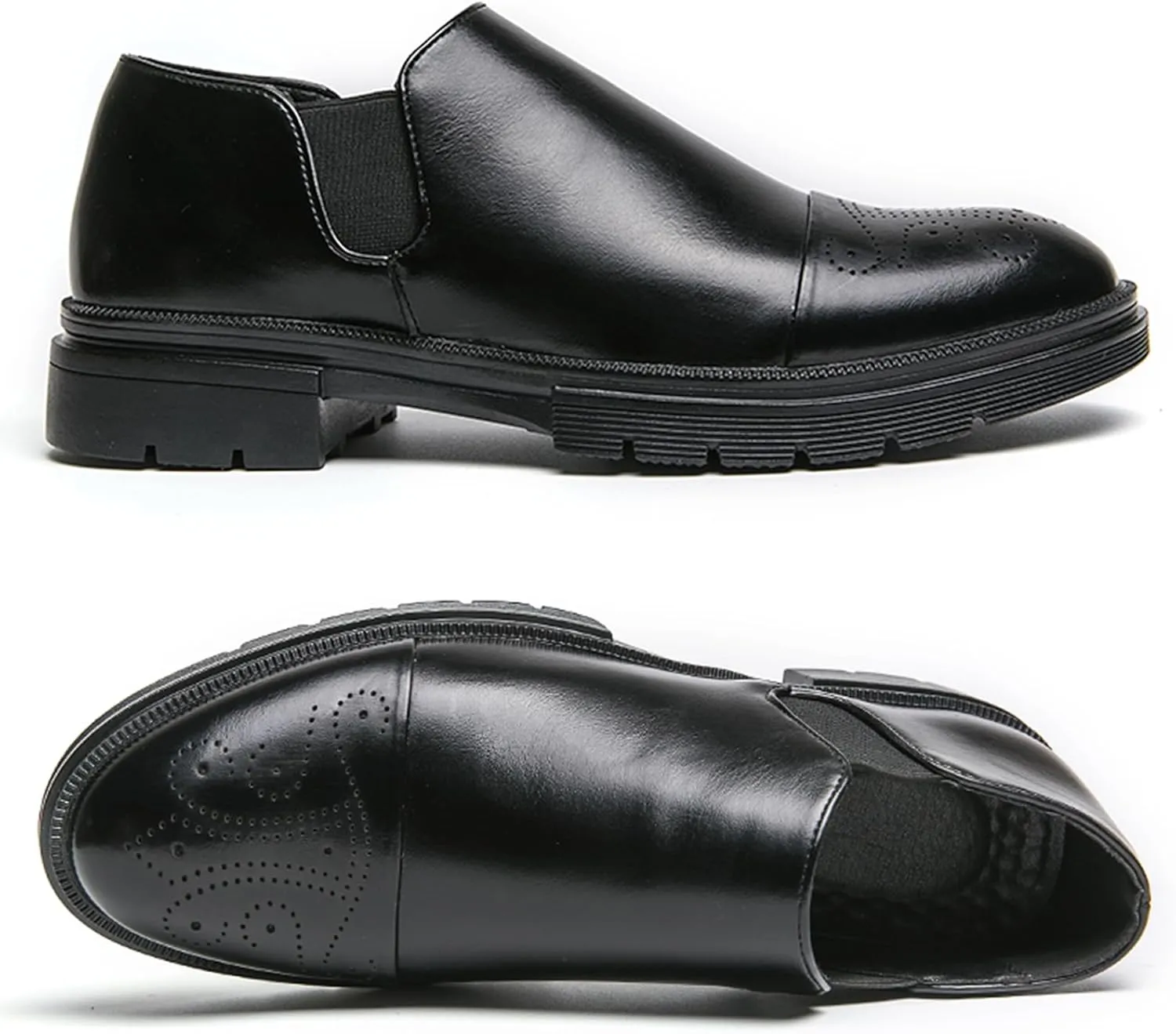Men's Leather Platform Slip-On Brogue Loafers Fashion Carving Punched Low Top Anti-Slip Dress Oxfords with Side Elastic Panels for Formal Business Wedding Casual Daily Wear