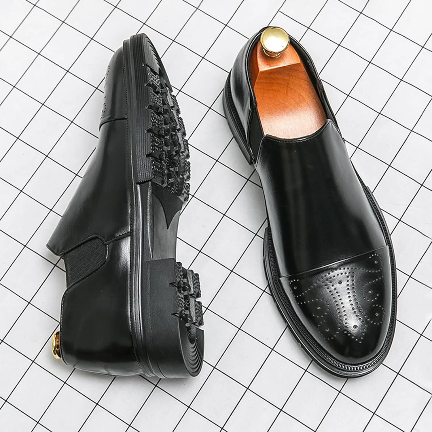 Men's Leather Platform Slip-On Brogue Loafers Fashion Carving Punched Low Top Anti-Slip Dress Oxfords with Side Elastic Panels for Formal Business Wedding Casual Daily Wear