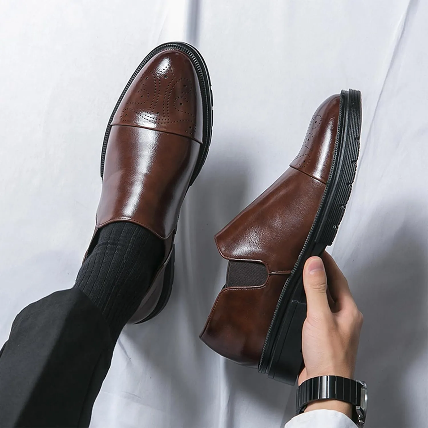 Men's Leather Platform Slip-On Brogue Loafers Fashion Carving Punched Low Top Anti-Slip Dress Oxfords with Side Elastic Panels for Formal Business Wedding Casual Daily Wear