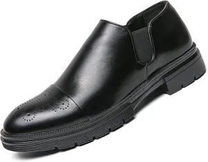 Men's Leather Platform Slip-On Brogue Loafers Fashion Carving Punched Low Top Anti-Slip Dress Oxfords with Side Elastic Panels for Formal Business Wedding Casual Daily Wear
