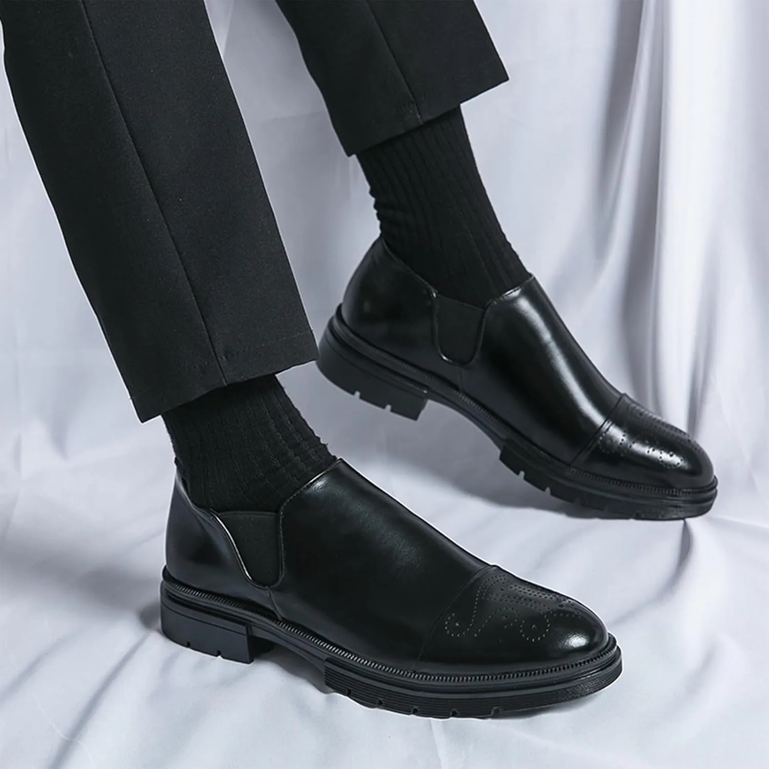 Men's Leather Platform Slip-On Brogue Loafers Fashion Carving Punched Low Top Anti-Slip Dress Oxfords with Side Elastic Panels for Formal Business Wedding Casual Daily Wear