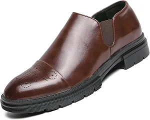Men's Leather Platform Slip-On Brogue Loafers Fashion Carving Punched Low Top Anti-Slip Dress Oxfords with Side Elastic Panels for Formal Business Wedding Casual Daily Wear
