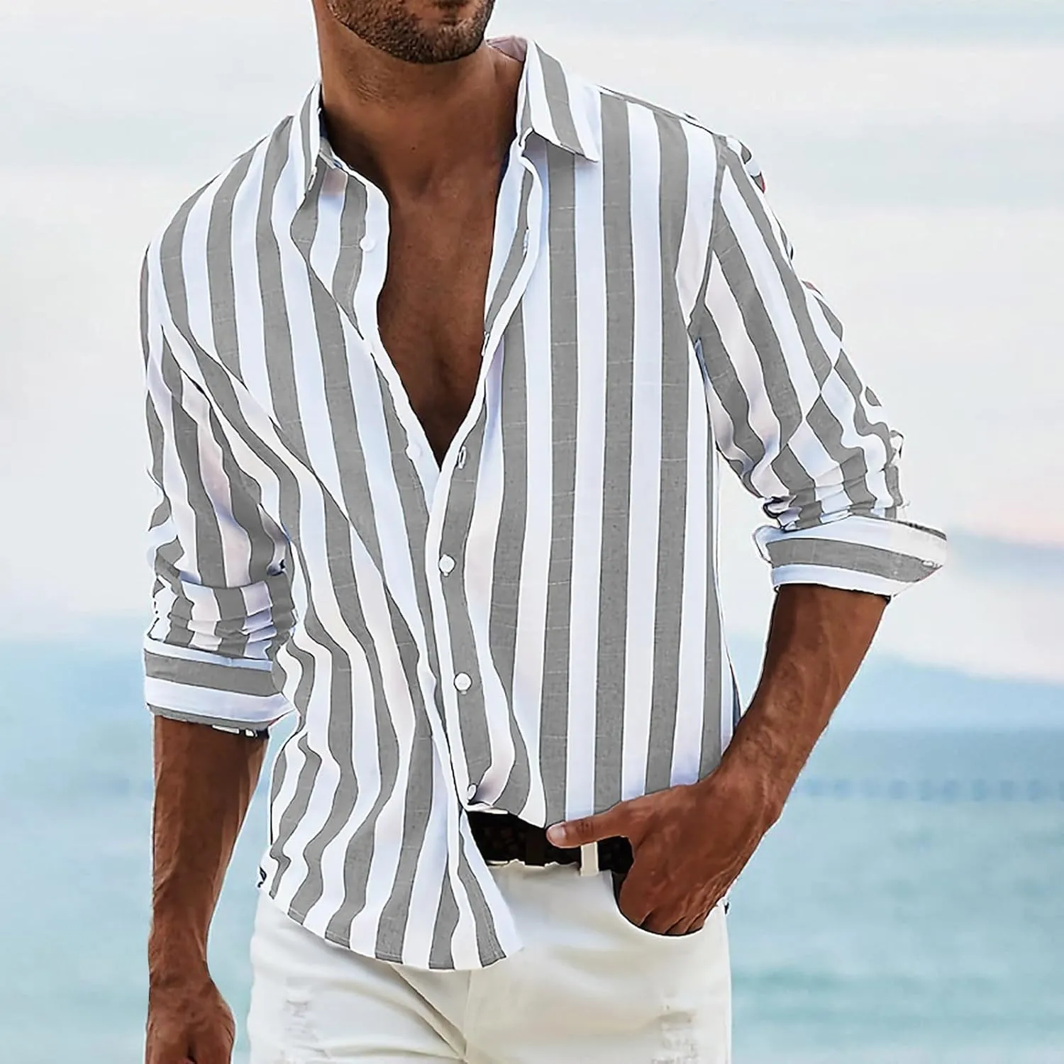 Mens Linen Striped Button Down Shirts Casual Beach Long Sleeve Collar Top Shirts Summer Fall 2024 Fashion Shirt