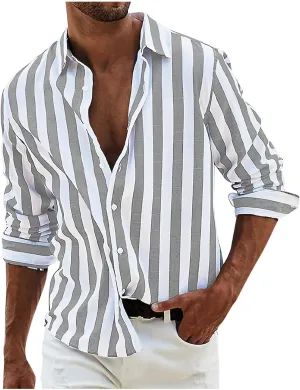 Mens Linen Striped Button Down Shirts Casual Beach Long Sleeve Collar Top Shirts Summer Fall 2024 Fashion Shirt