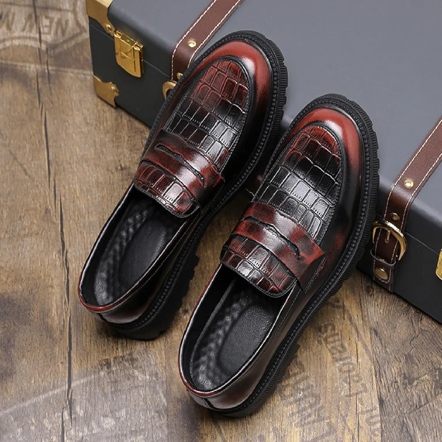 Mens Patent Leather Dress Penny Loafers Comfort Plaid Round Toe Slip On Platform Smoking Mocasines Formal Business Prom Shoes