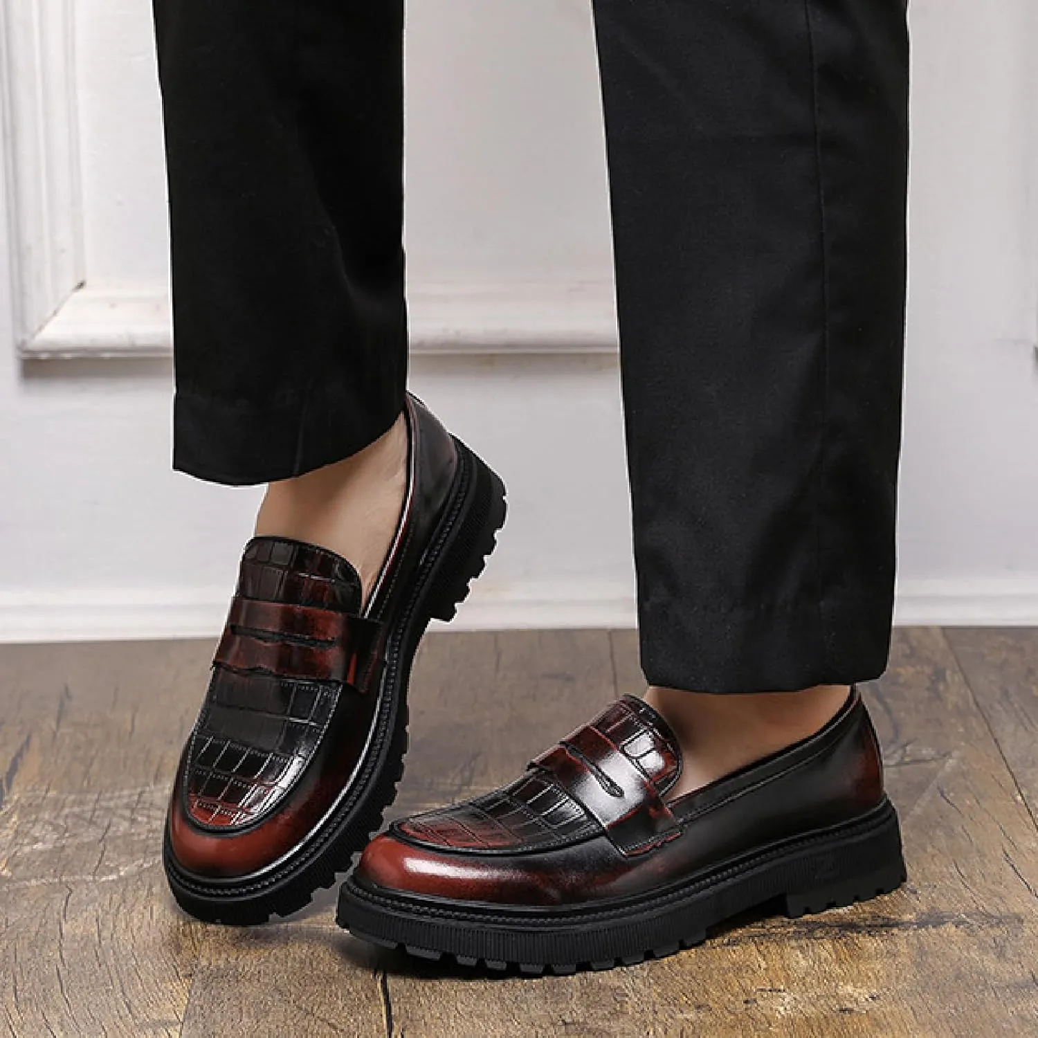 Mens Patent Leather Dress Penny Loafers Comfort Plaid Round Toe Slip On Platform Smoking Mocasines Formal Business Prom Shoes