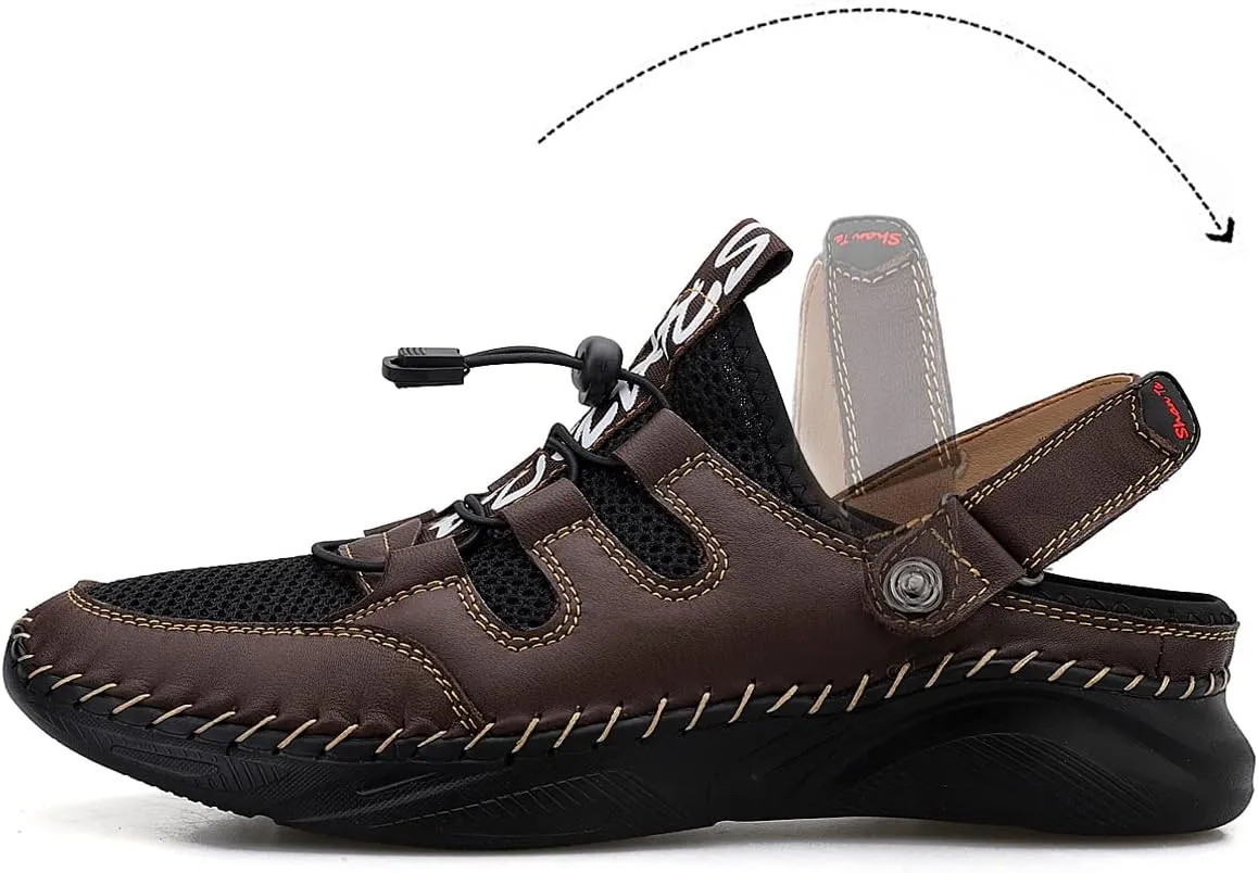 Mens Sandals with Arch Support Plantar Fasciitis Slip On Sport Slides Comfy Leather Shoes Outdoor Indoor Adjustable Straps