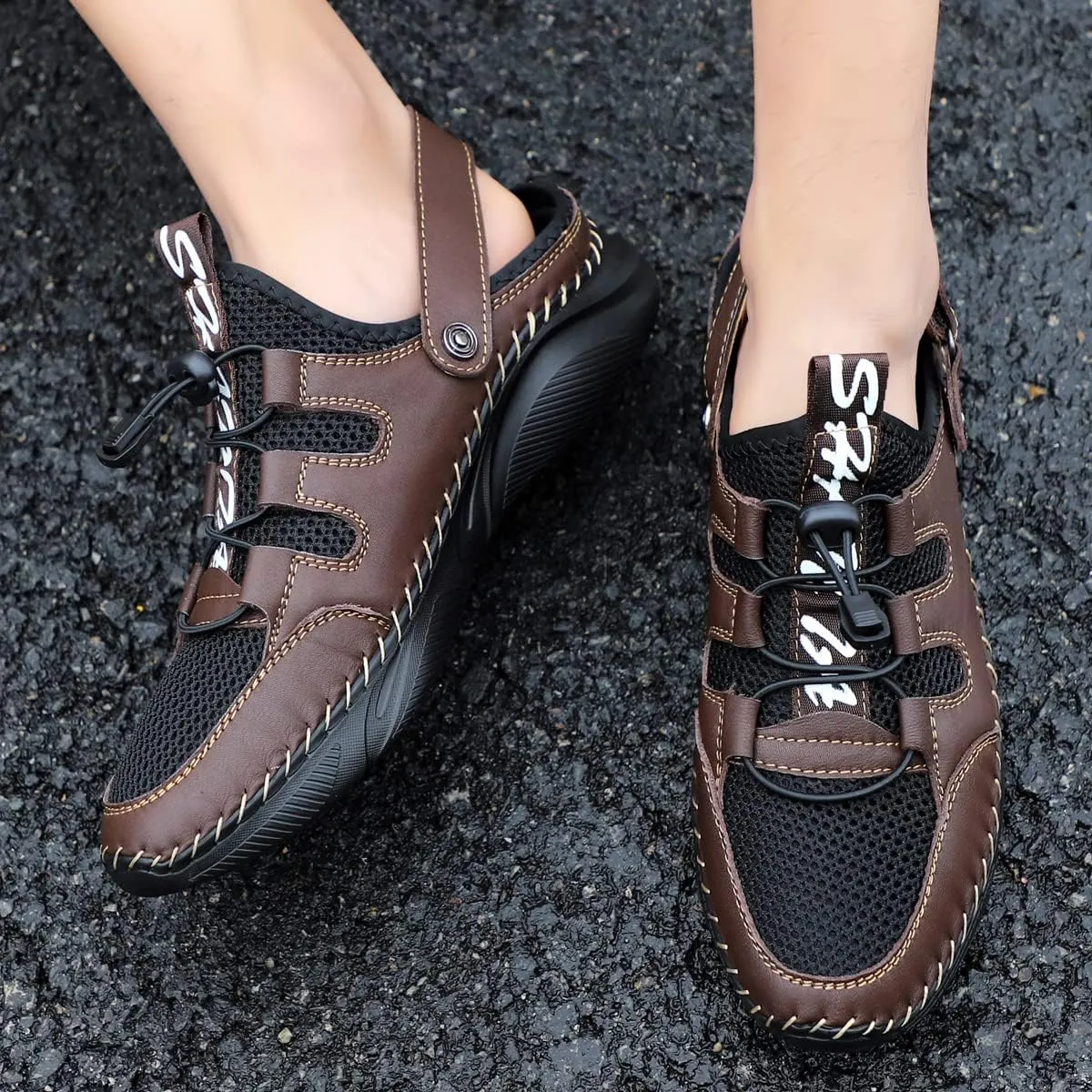 Mens Sandals with Arch Support Plantar Fasciitis Slip On Sport Slides Comfy Leather Shoes Outdoor Indoor Adjustable Straps