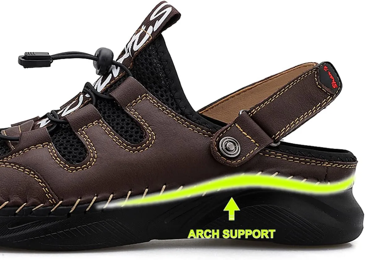 Mens Sandals with Arch Support Plantar Fasciitis Slip On Sport Slides Comfy Leather Shoes Outdoor Indoor Adjustable Straps