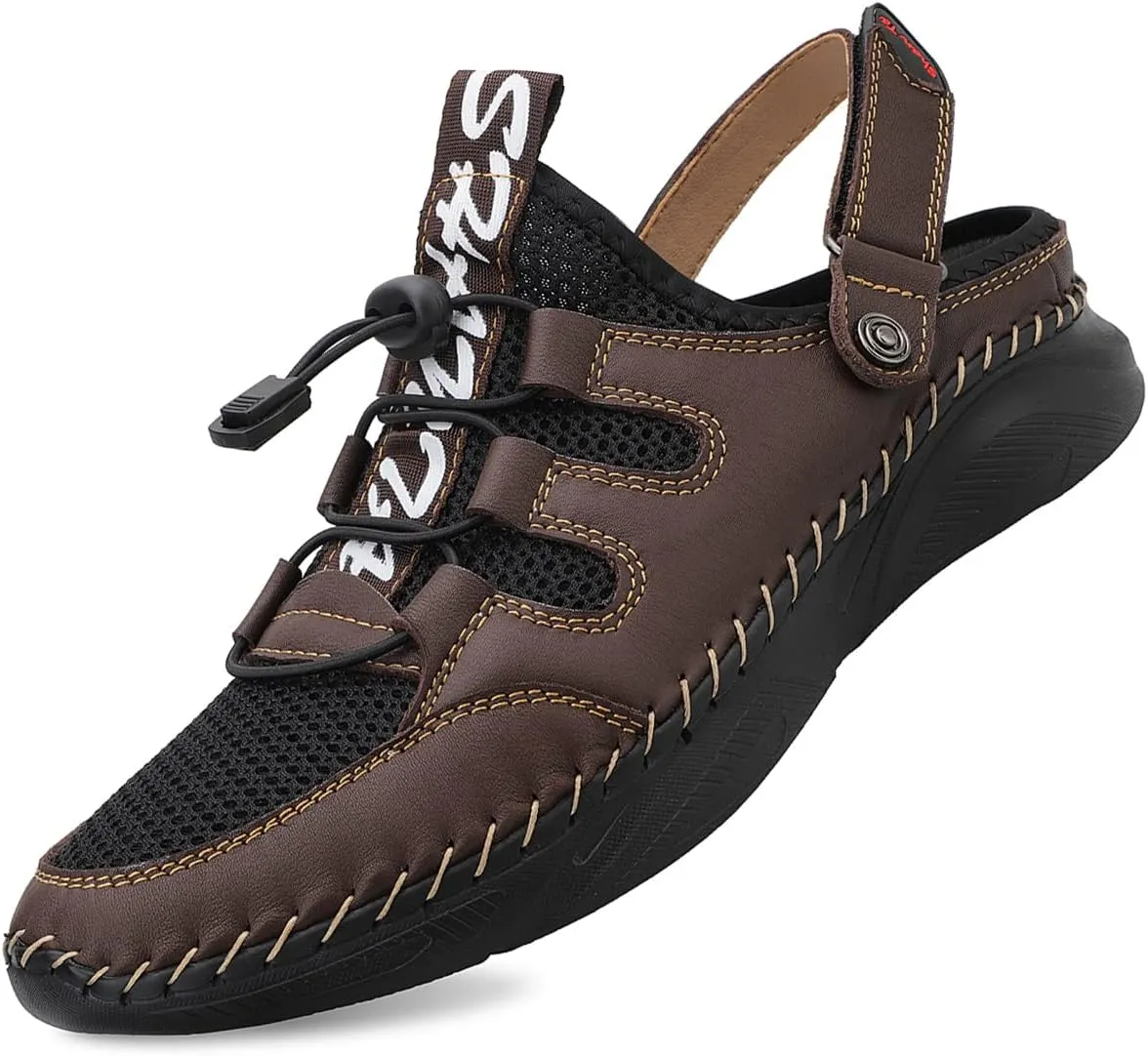 Mens Sandals with Arch Support Plantar Fasciitis Slip On Sport Slides Comfy Leather Shoes Outdoor Indoor Adjustable Straps