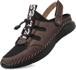 Mens Sandals with Arch Support Plantar Fasciitis Slip On Sport Slides Comfy Leather Shoes Outdoor Indoor Adjustable Straps