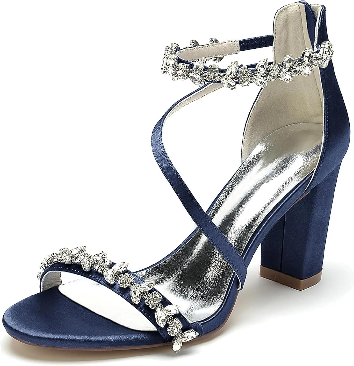 Minishion Womens Sandals Dress Wedding Block Heel Formal Evening Shoes with Rhinestone BR123