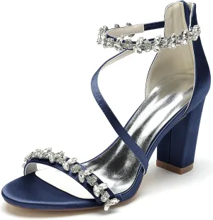 Minishion Womens Sandals Dress Wedding Block Heel Formal Evening Shoes with Rhinestone BR123