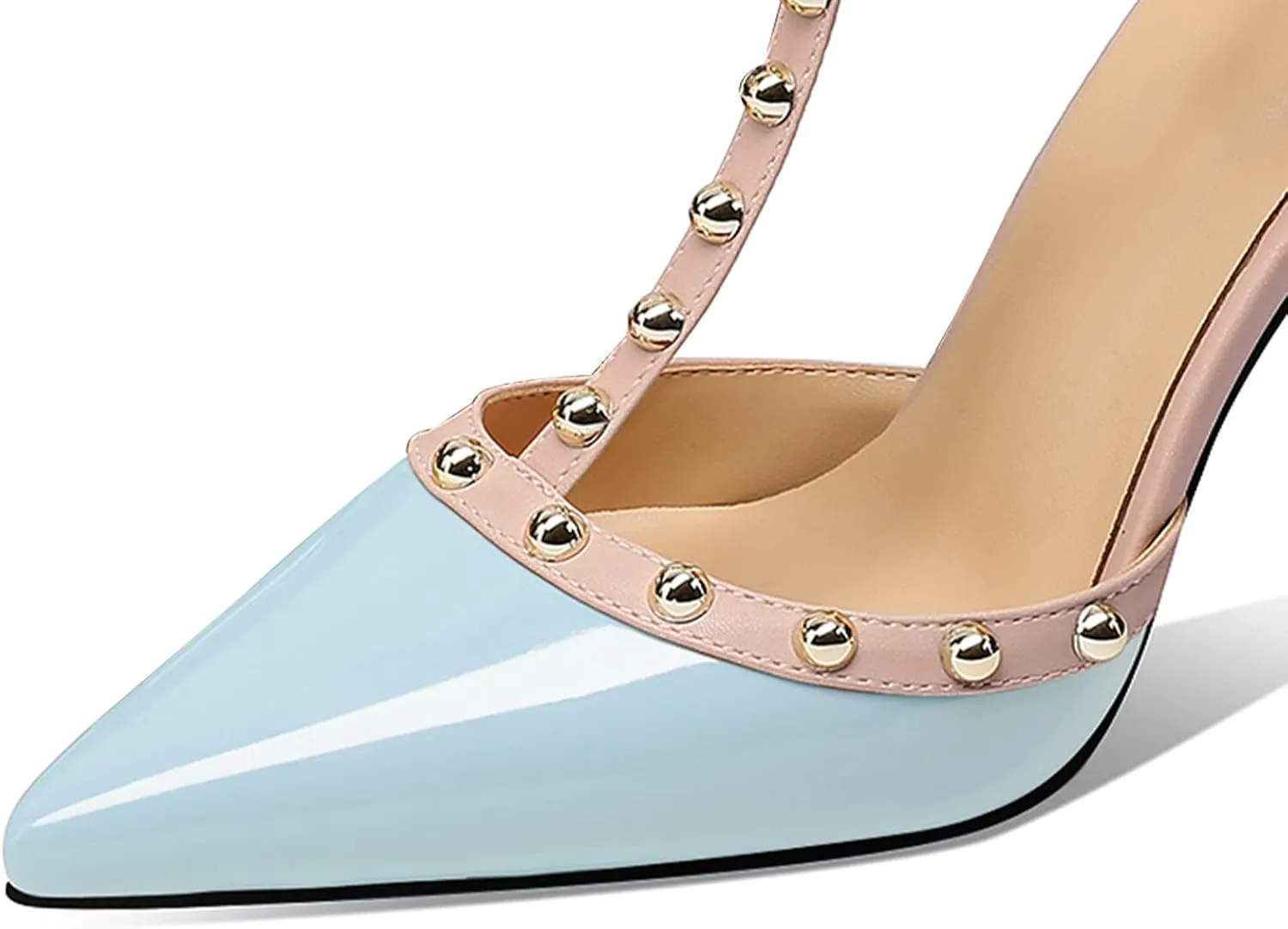 MIRAAZZURRA Women Heeled Sandals Rivet Studded High Heels Stiletto T-Strap Pointed Toe Slip On Bridal Pumps for Women