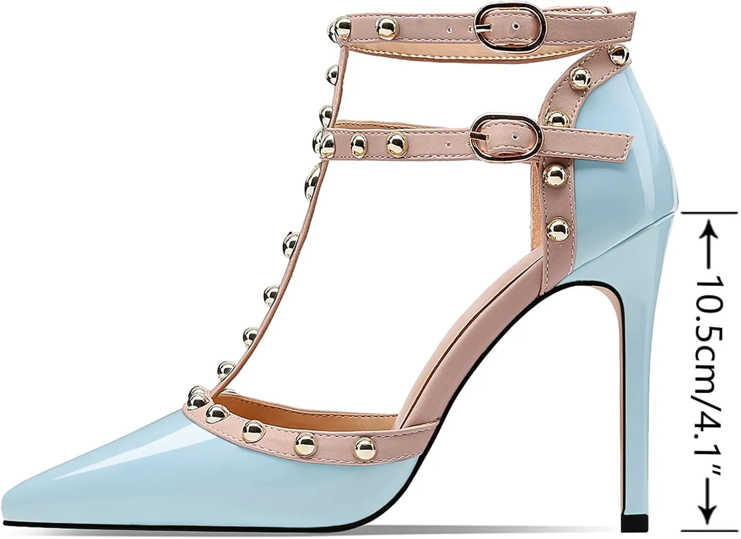 MIRAAZZURRA Women Heeled Sandals Rivet Studded High Heels Stiletto T-Strap Pointed Toe Slip On Bridal Pumps for Women