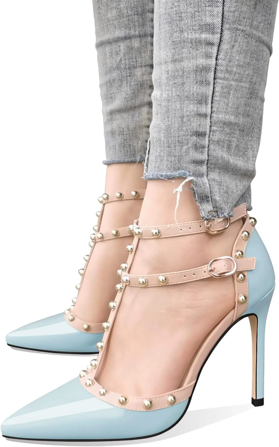 MIRAAZZURRA Women Heeled Sandals Rivet Studded High Heels Stiletto T-Strap Pointed Toe Slip On Bridal Pumps for Women