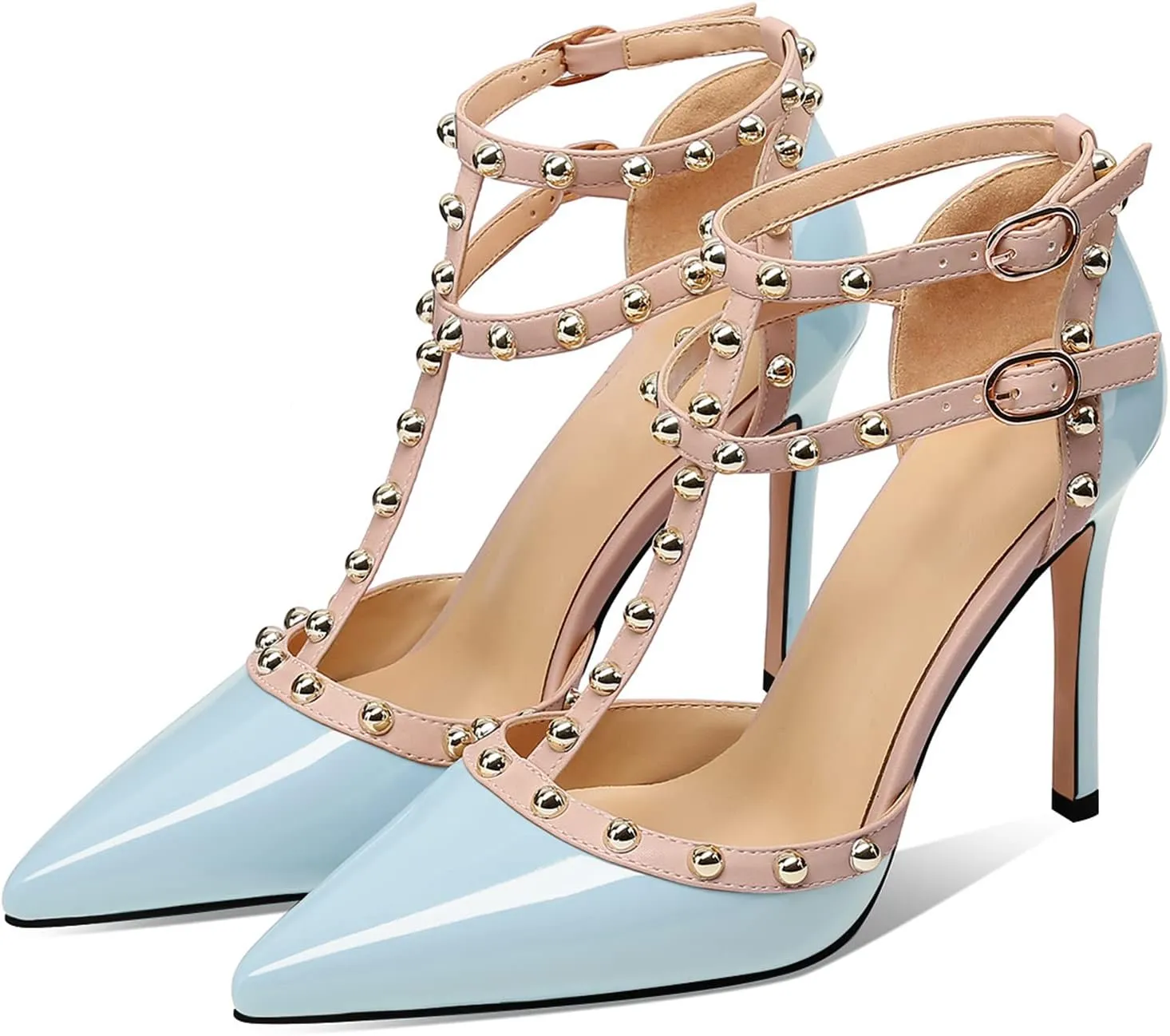 MIRAAZZURRA Women Heeled Sandals Rivet Studded High Heels Stiletto T-Strap Pointed Toe Slip On Bridal Pumps for Women