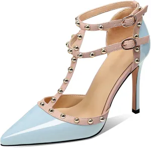 MIRAAZZURRA Women Heeled Sandals Rivet Studded High Heels Stiletto T-Strap Pointed Toe Slip On Bridal Pumps for Women