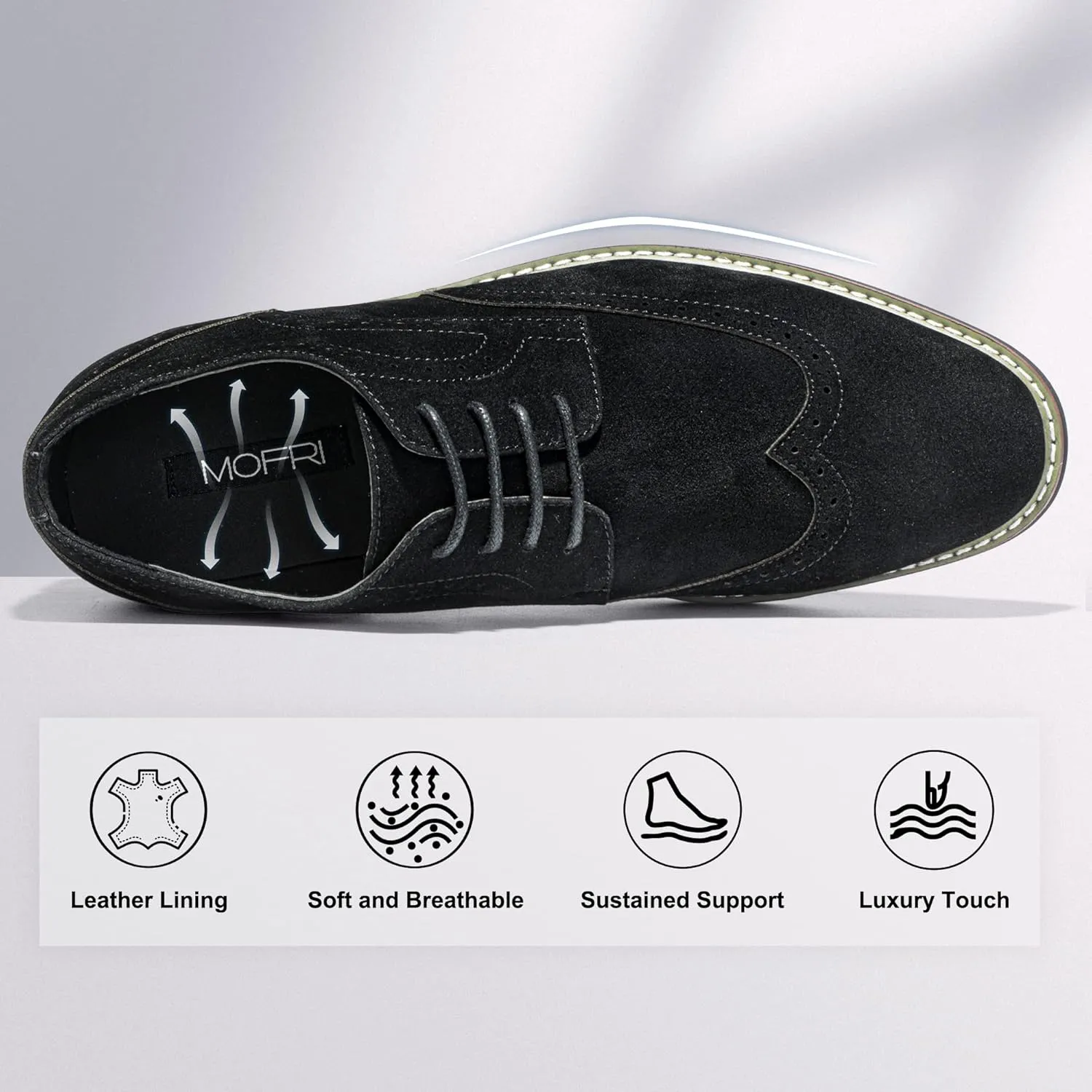 Mofri Men's Oxford Suede Shoes, Wingtip Dress Shoes for All Occasions, Waterproof, Latex Insole, Lace-Up