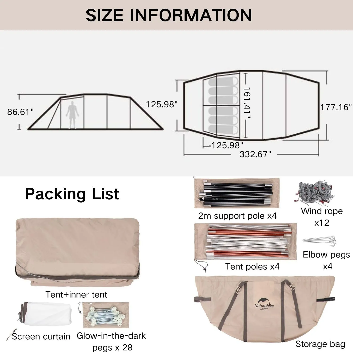 Naturehike Tunnel 4-6 Person Camping Tent, Easy Setup Waterproof Outdoor Family Tent with Inner Tent&Screen Cloth, Portable Backpacking Shelter with Carry Bag for Outdoor Camping