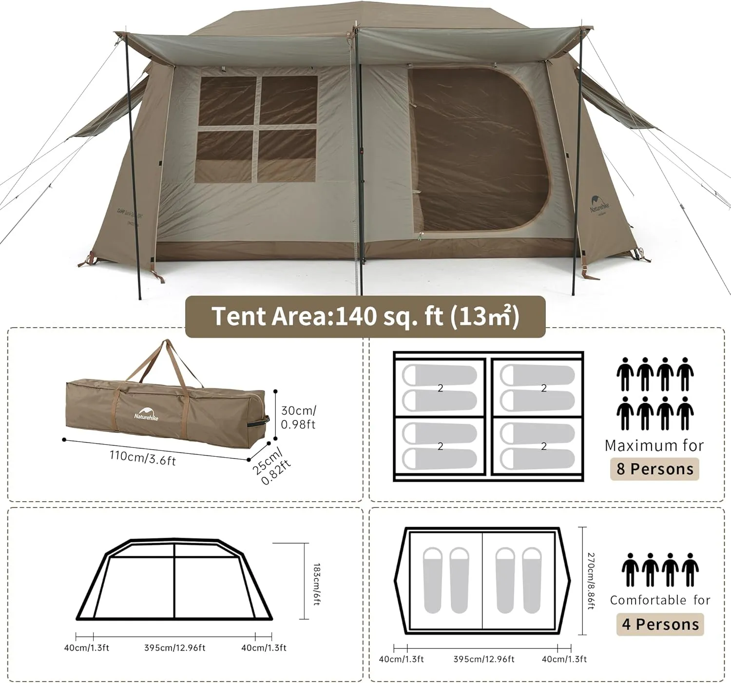 Naturehike Village Camping Tent,4/6/8 Person Tents for Camping, 60S Easy Setup Instant Tent for Family Camping, Car Camping