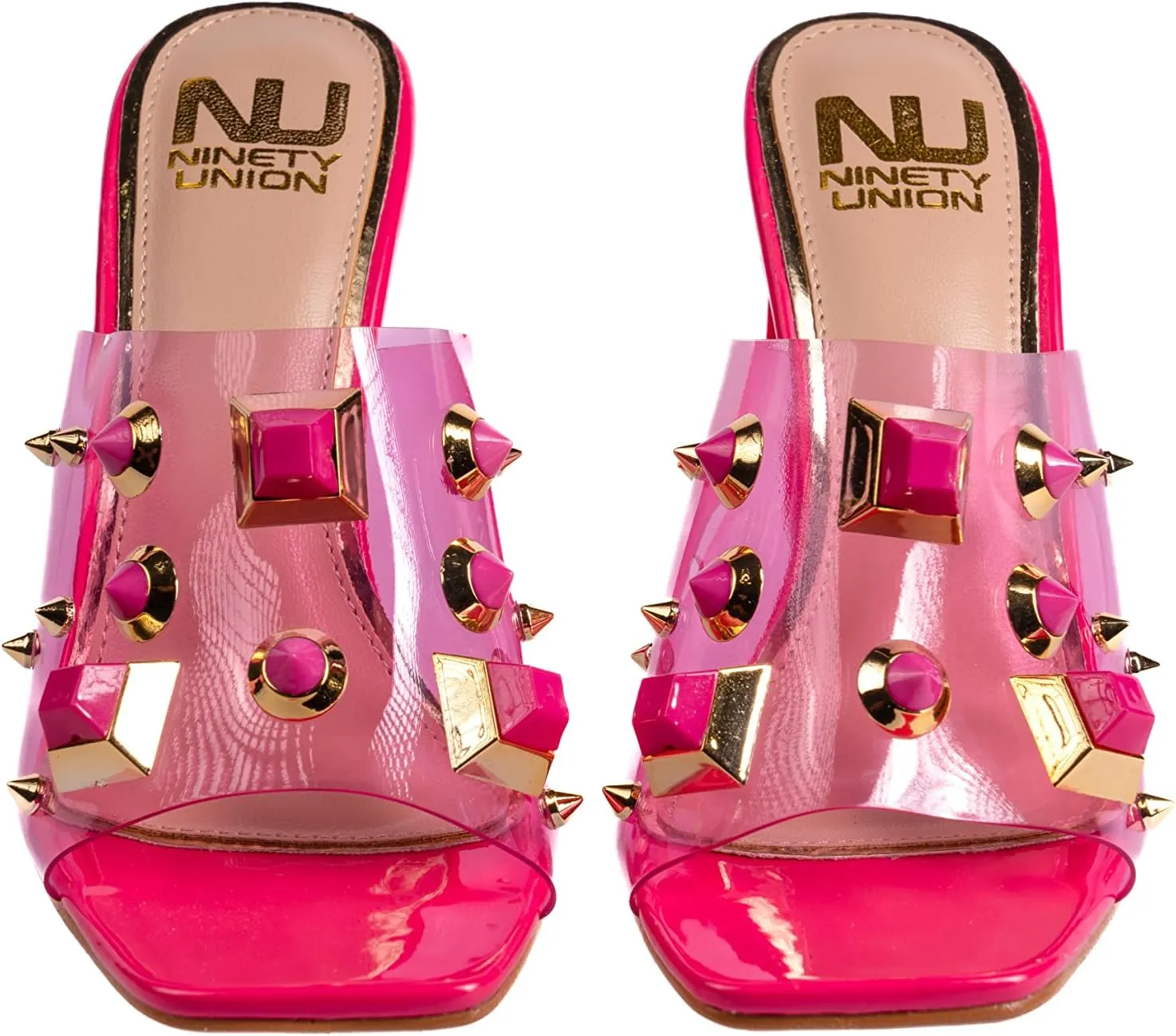 Ninety Union Vegas Lucite Multicolor Stone Slide On a Gold Circular Heel