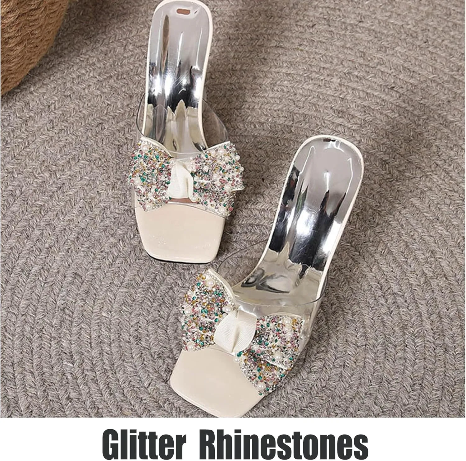 OEWHNGD Women's Pearl Bow Square Toe Stiletto Slides Sandals Elegant Rhinestones Clear High Heels Open Toe Slip On Dress Slippers for Dinner Party Prom Crystal Sandals