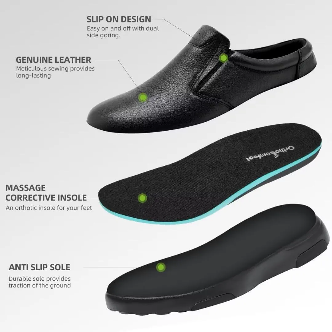 OrthoComfoot Men's Orthopedic Leather Dress Walking Shoes: Comfortable Plantar Fasciitis Loafers with Arch Support for Flat Feet, Casual Business Orthotic Slip-On for Foot and Heel Pain Relief